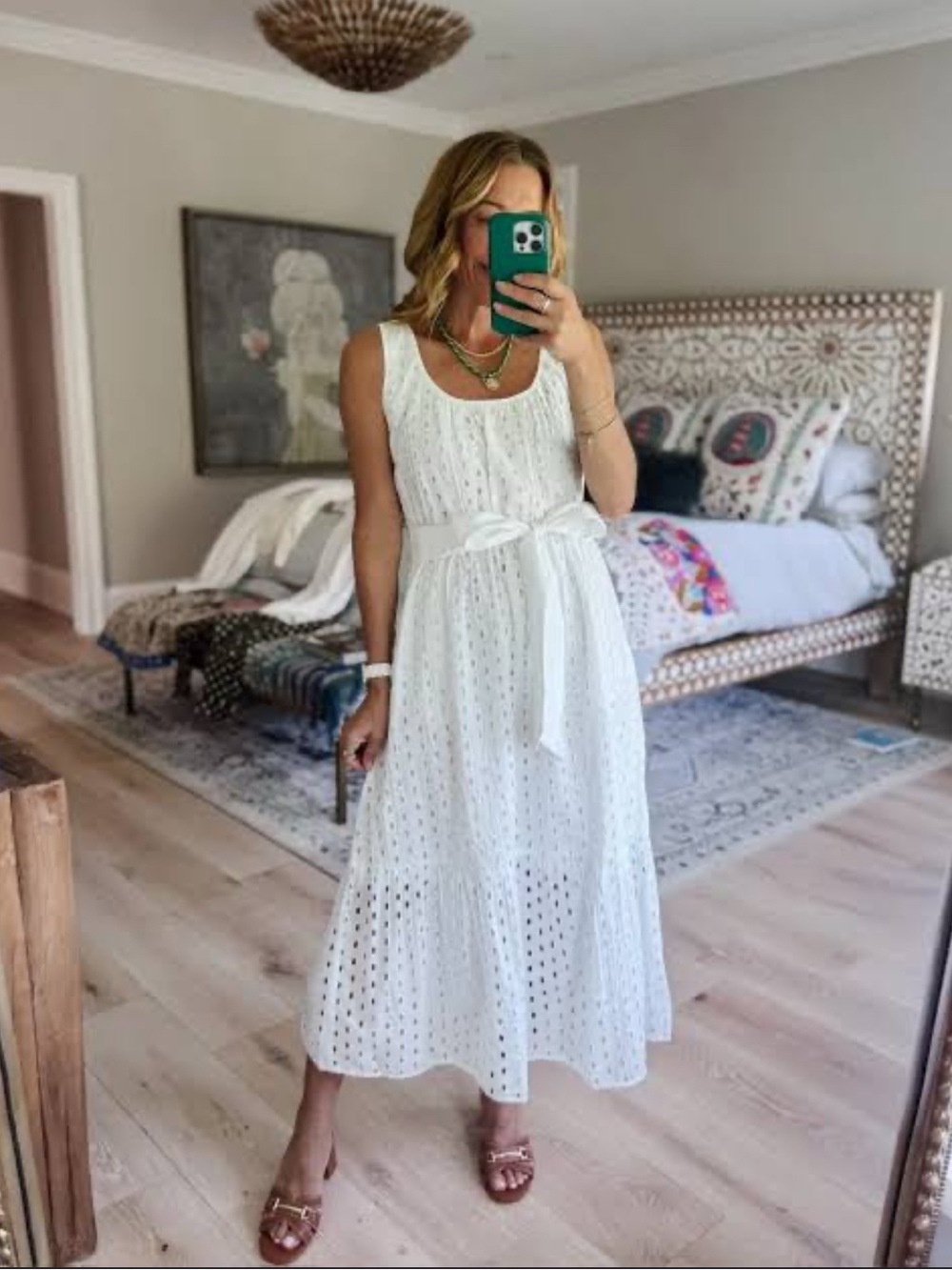 J.Crew White Eyelet Midi Dress with Waist Tie